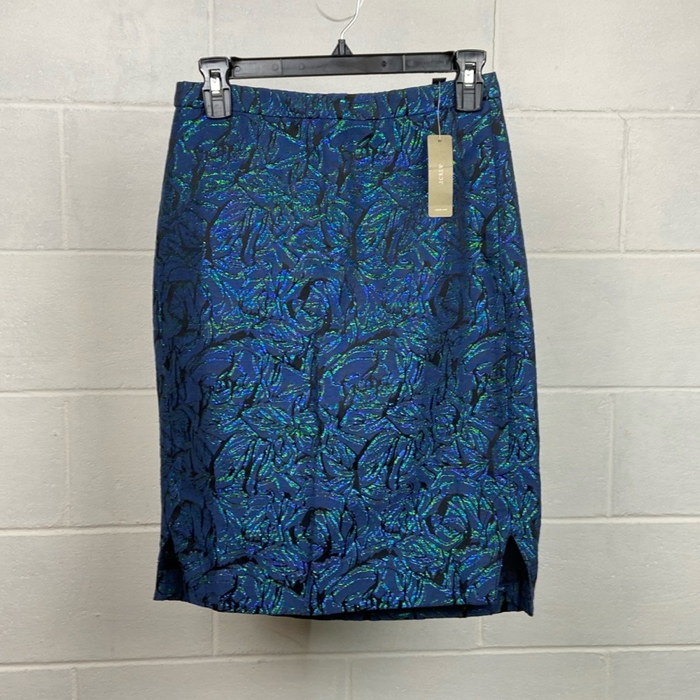 NWT J. Crew Women's # 2 Pencil Skirt Jaquard Floral Size 2 Blue Sparkle C9156